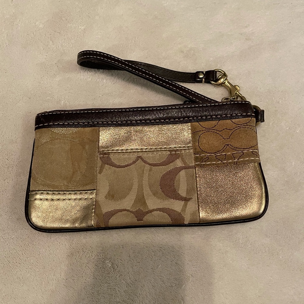 Coach Gold And Brown Leather Patchwork Wristlet - image 3